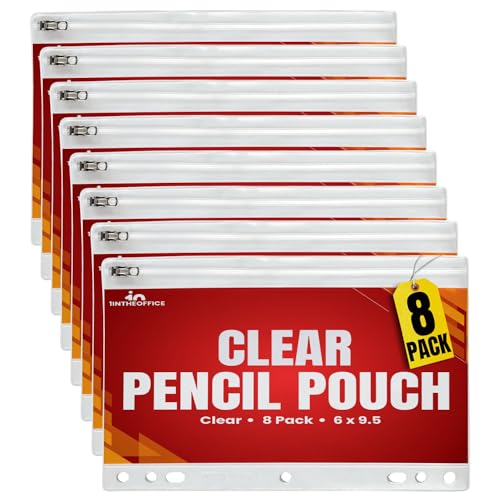 1InTheOffice Clear Pencil Pouch, Pencil Pouch for 3 Ring Binder, Zippered, Vinyl, 8 Pack