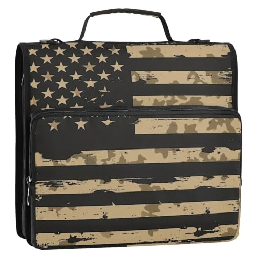 American Flag Zipper 3 Ring Binder Bag with Shoulder Strap for School | 2 Inch 3 Ring, Secure Zippered Closure, Organizer Pockets for Classification, Heavy Duty File Organizer - color: American Flag Grey