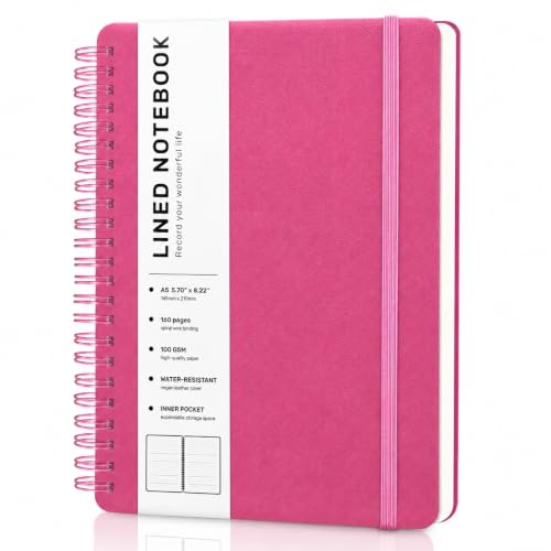 Lined Spiral Notebook for Women, A5 College Ruled Leather Spiral Journals | 160 Pages Small Journaling Notebooks, 5.7"x11" Note Book for Writing, Work, School, Men, Hardcover Leather Journals, Deeppink - color: Raspberry White, size: A5