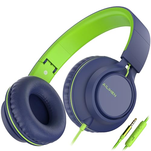 AILIHEN C8 Headphones Wired, On-Ear Headphones with Microphone and Volume Control, Corded 3.5mm Headset for Boys Girl School Smartphones Chromebook Laptop Computer Tablets Airplane Travel (Blue Green) - color: Blue Green, size: Medium