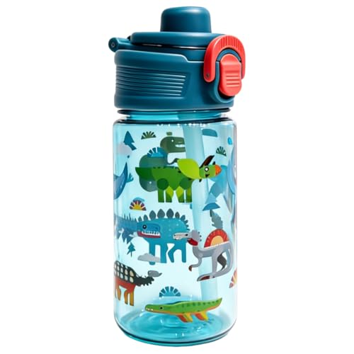 Flip, Bite and Sip 3-in-1 Straw Kids Water Bottle, Leak-proof, 13oz | Sturdy and Drop-resistant, with Handle, BPA Free, Dishwasher Safe, Perfect for School, Travel, and Home - color: Dinosaur