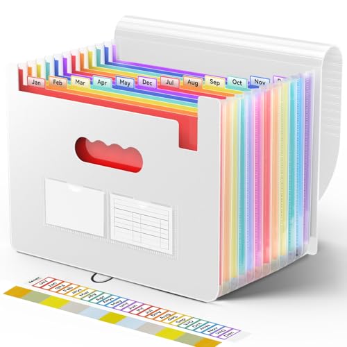 Sooez Accordion File Organizer, 13 Pockets Expanding File Folder, Portable Monthly Paper Bill Tax Receipt Organizer, Letter A4 Size Document Holder with Blank Labels, White - color: White, size: 1 Pack