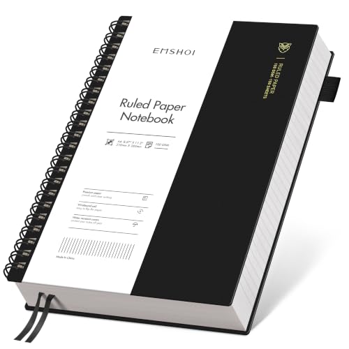 EMSHOI Lined Spiral Journal Notebook, 300 Pages, A4 Size (8.2'' x 11.2'') | College Ruled, Flexible Plastic Cover, 100 GSM Thick Paper, for School, Writing, Work, Office & Journaling (Black) - color: Black, size: A4