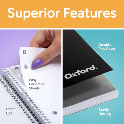 Oxford Spiral Notebook with Free Study App, 1 Subject, Graph Ruled, Ultra Smooth Paper, No Ink Bleed-Through, Strong Poly Black Cover, Durable 2 Sided Pocket, 100 Easy Perforated 8.5" x 11" Sheets - color: Black