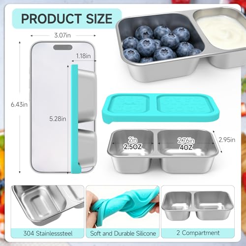 SOPHICO 실리콘 뚜껑이 있는 재사용 가능한 아동용 런치 스낵 용기 2칸 | 휴대용 스낵 박스, 밀프렙 식품 보관, 누출 방지 - color: 수납공간 2개, 4팩