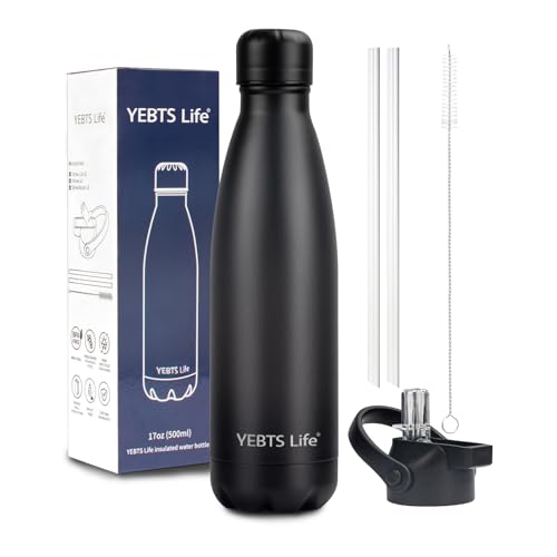 Insulated Water Bottle, 17oz Stainless Steel Water Bottles with straw lid, Metal Sports Water Bottles for Boys,Girls, Double Wall Vacuum BPA-Free Flask for School, Sports & Travel-Black - color: 1 Pack-Black, size: 17 Ounces