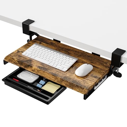 ETHU Keyboard Tray Under Desk, 19.7" X 12.2" Small Size C Clamp Keyboard Drawer Under Desk, Computer Keyboard Stand Slide Pull Out, Ergonomic Keyboard Tray for Home, Office (Wood) - color: Wood, size: 26.77" X 11.81"