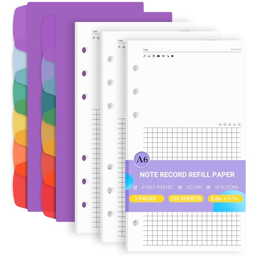 Antner A6 Note Records Refill Paper 6 Hole Planner Inserts for A6 6-Ring Refillable Binder, 135 Sheets Blank & Grid Loose Leaf Filler Paper with 12 PCS Binder Dividers for Notes Journal Sketch Chart - color: Note Record Paper