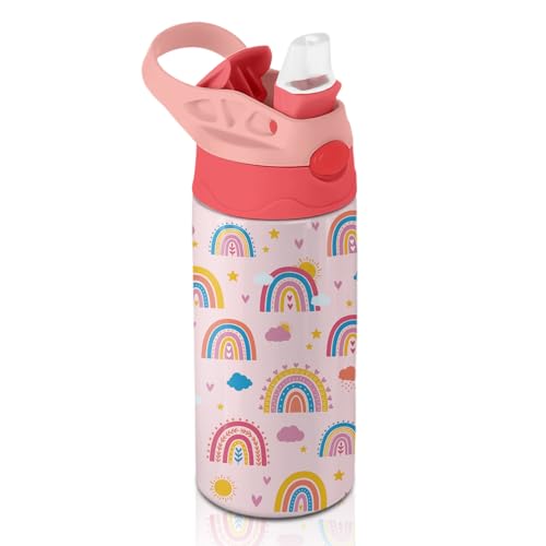 Pink Water Bottle for Girls - 12oz Rainbow Kids Water Bottle with Straw, Stainless Steel Tumbler, Insulated, Leak-proof, BPA-free, Pop-up Straw Lid, for School - Children Birthday Gift Cup(1pc) - color: Cloud Rainbow