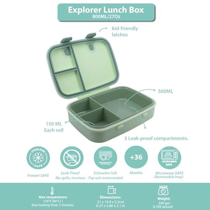 Kids Bento Explorer Lunch Box, 3 No-Mix Compartments, Microwave & Dishwasher Safe, Lightweight with Removable Tray, for Daycare, Preschool, School (Green Light Mint) - color: Green Light Mint