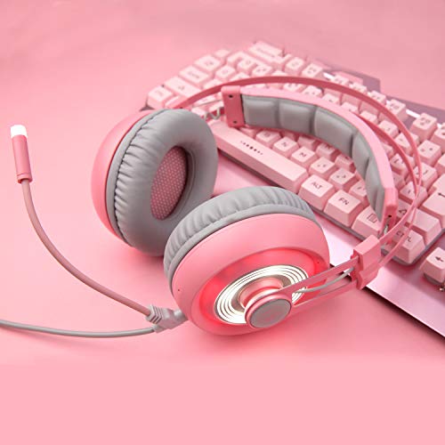SADES PC Mac용 게이밍 헤드셋, USB 7.1 서라운드 사운드 유선 헤드셋, 마이크, LED 조명 및 노이즈 캔슬링 오버 이어 헤드폰 포함 - 핑크