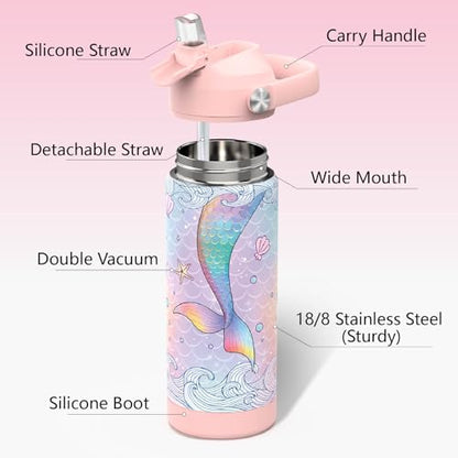 Girls Water Bottle with Straw,18 oz Kids Insulated Cups with Stainless Steel Leak Proof for School,Sport&Travel（Mermaid） - color: A19.Mermaid