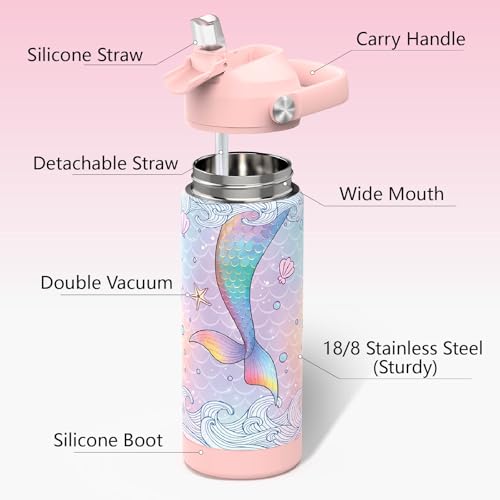Kids Water Bottle with Straw,18 oz Boys Insulated Cups with Stainless Steel Leak Proof for School Boys Girls,Sport&Travel（Purple） - color: B13.Purple