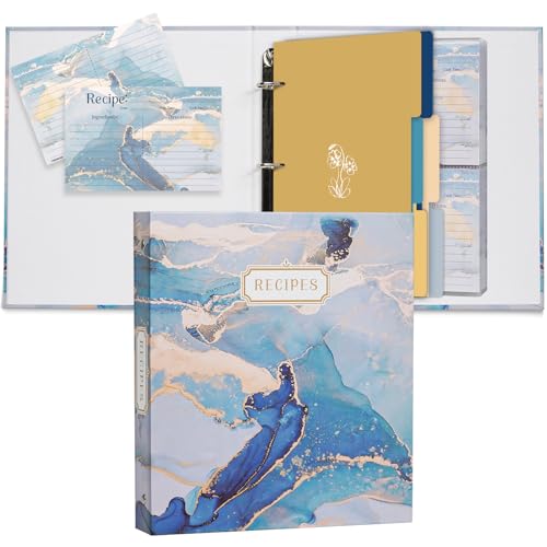 Recipe 3 Ring Binder 8.5x9.5, Full Page 3 Ring Recipe Binder Organizer Set with 25 Slot Pages & 50 Recipe Cards & 6 Divider Pages, Recipe Book for Make Your Own Recipe Sleek Kitchen Design Blue - color: Blue Marble, size: Medium