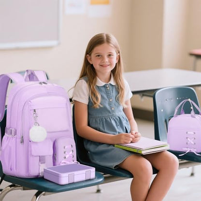 Scothen Backpack for Girls with Bento Lunch Box Set, School Bag Bookbag for Teens Girls Kids Student, 43oz Lunch Containers Lunchbox, Insulated Lunch Bag & Pencial Case, Back to School Gifts - color: Purple