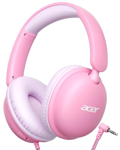 Acer Kids Headphones with Cord for School Travel，74/85dB Volume Limit Headphones for Kids Toddler Girls Boys, Foldable 3.5mm Wired Headphone for Tablet/Computer, Pink - color: Pink