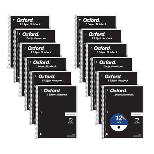 Oxford Spiral Notebook 1-Subject, Bulk College Ruled Spiral Notebooks for School, College Ruled Paper, Black Covers, 70 Perforated Lined Sheets, 8 x 10-1/2 Inches, 12-Pack, Bulk Journals (63744)
