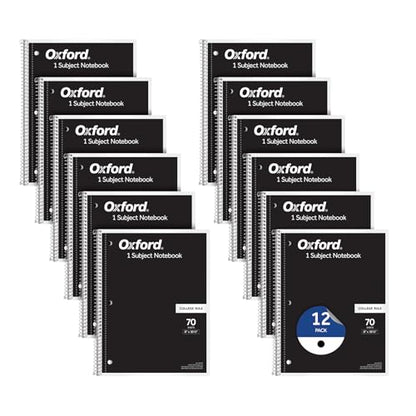 Oxford Spiral Notebook 1-Subject, Bulk College Ruled Spiral Notebooks for School, College Ruled Paper, Black Covers, 70 Perforated Lined Sheets, 8 x 10-1/2 Inches, 12-Pack, Bulk Journals (63744)