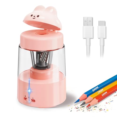 ZMOL Bunny Electric Pencil Sharpener for Colored Pencils, 6-8mm, Pink | Auto Stop, 3 Adjustable Modes,Rechargeable, for No.2/Colored Pencils, Cute for Kids Gift , for Classroom/Office/Home/Artists - color: Pink