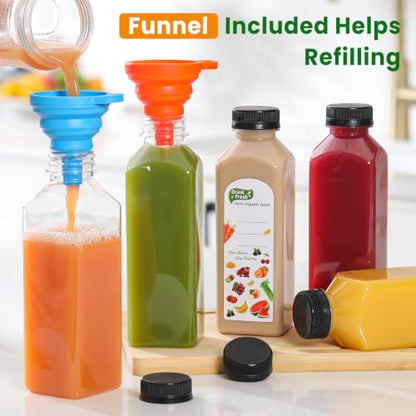24 PACK, 16 OZ Reusable Thicker Plastic Juice Bottles with Caps, Leakproof | Plus 24 Labels & 2 Funnels, Clear Juicing Bottles for Juice, Smoothies, Ginger, Tea, Coffee -Food Grade & Travel & Freezable - size: 16oz