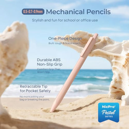 Nicpro 6PCS Pastel Mechanical Pencil Set with Case, Cute Drafting Pencils 0.5 mm & 0.7 mm & 0.9 mm with 6 Tubes HB Lead Refills, Erasers, Eraser Refills, Aesthetic School Supplies for Girls Writing - style: 0.5mm + 0.7mm + 0.9mm