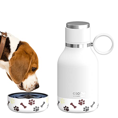 asobu Buddy Bottle, a Stainless Steel Insulated Water Bottle with Removable Dog Water Bowl and Dog Food and Treat Storage plate (White, 37 oz Water Bottle with 2 Bowls) - color: White