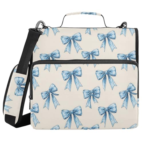 Gredecor 3 Ring Zipper Binder with Shoulder Strap, Blue Bows Multi-Pockets Organizer Binder Bag Holds 500 Sheets for School and Office - color: Blue Bows