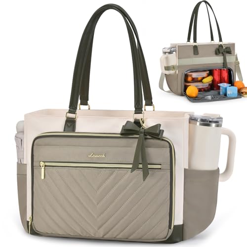 LOVEVOOK Lunch Tote Bag for Women, Insulated Lunch Bag with Laptop Compartment & Large Cup Holder, Teacher Tote Bag with Zipper, Handbag Insulated Bag Leakproof for Work, Nurse, Office, 17.3 Inch - color: Light Green-beige-olive Green, size: 17.3 Inch Wit