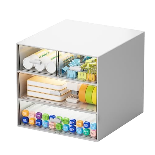 Marbrasse Desk Organizer with 4 Drawers，Office Organization, Clear Plastic Desk Organizers and Storage, Desktop Organizer for Office School Home (White-4 Drawers) - color: White & 4 Drawers