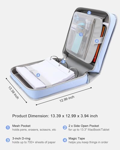 3" D-ring Zipper Binder with 700+ Sheets Capacity | 3-ring Zip Up Binder with Shoulder Strap for School, College, Office, Compatible with 13" MacBook/Tablet (Light Blue) - color: Light Blue