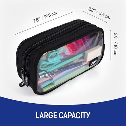 ZIPIT Half & Half Pencil Case, 3 Compartment Zipper Pouch for School, Stationery Bag for Teen Girls Boys and Adults, Black - color: Black Glow