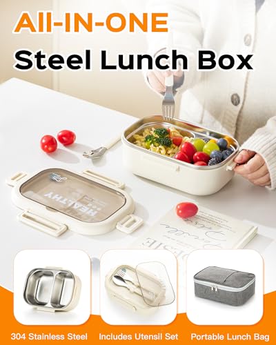 Lille Home 28oz Stainless Steel Leakproof 2-Compartment Bento Lunch Box/Portion Control Food Container with Lunch Bag and Cutlery Set, BPA Free (Beige) - color: Beige