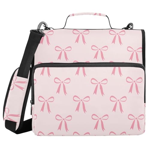 Zipper Binder Bag 3 Ring File Folder Portfolio Organizer Zippered Binder Bags with Strap Fits Laptop Women Men - color: Multi-pink Bow