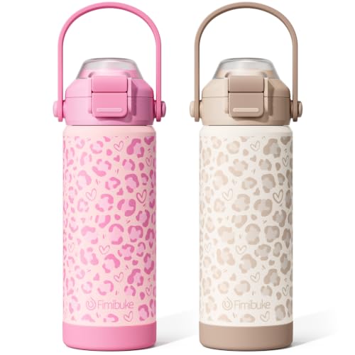 Fimibuke Kids Insulated Water Bottle with Pop-Open Straw & Spout 2-in-1 Lid, 18oz Leak Proof 18/8 Stainless Steel Vacuum Tumbler, BPA-Free Kids Cup For Travel School Boys Girls Toddler 2 Packs - color: Pink & Beige Leopard, size: 18 Ounces