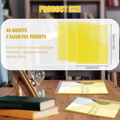 Seajan 48 Pcs Pocket Folders for 3 Ring Binder Clear Plastic Folders Sleeves with 2 Pockets 3 Hole Punch Binder Dividers Poly Slash File Jackets for Office School Document Organizer (Yellow) - color: Yellow