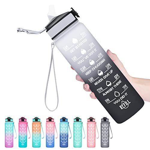 Hyeta Water Bottle with Straw & Time Marker, Plastic 32oz Leakproof | Motivational Tritan BPA Free Gym Office Outdoor Intake Tracker Hourly Reminder Straw Lid Carry Strap - color: Gray-Black