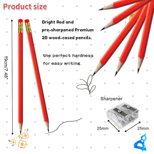 Adhere 25pcs Woodcase Pencils with Eraser Premium Pre-Sharpened Hexagon Graphite 2B pencils ideal for home, office writing including a Free Sharpener - color: Red・25pcs