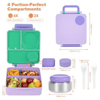 FOOYOO Bento Lunch Box Set for Kids & Adults, Leakproof 4-Compartment Container with Insulated Stainless Steel Food Jar, Utensils, BPA-Free, Microwave & Dishwasher Safe for School Work Travel（Purple） - color: Purple