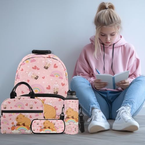 Capybara Backpack Set for Kids, 4 in 1 School Bag with Lunch Box, Pencil Case and Water Bottle Cover, for Primary School 2nd to 6th Grade Daily Activities - color: Boba Capybara Print