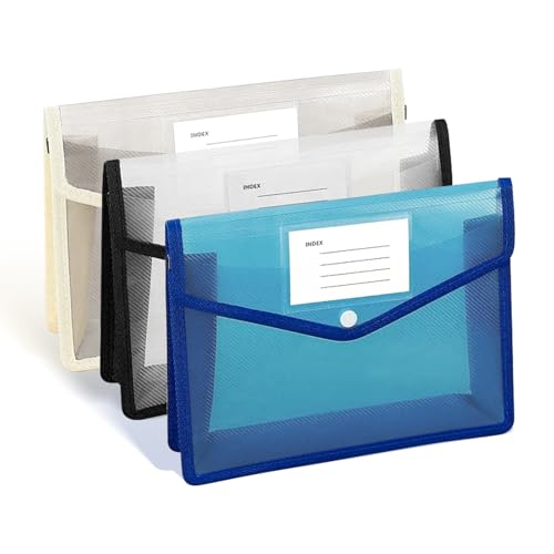 3Pcs Plastic Expanding File Folder, Transparent envelopes with Snap Closure, No Dividers, Large Capacity, Colorful File Folder Organizer, Accordion File Organizer, Fit Letter/A4 Size for Office/School - color: Blue+black+tea Grey
