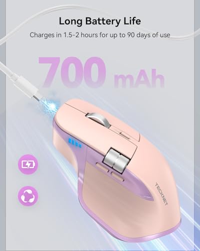 TECKNET Wireless Mouse, Bluetooth Mouse (BT5.3/5.0 & 2.4G) Rechargeable Ergonomic Optical Mouse with 6 Adjustable DPI, Side Scroll, USB A Receiver, 7 Buttons, Wide Compatibility - Pink & Purple - color: Pink & Purple