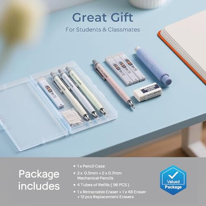 Nicpro Cute Mechanical Pencil Set, 4PCS 0.5 & 0.7 mm Pastel Drafting Pencils with 4 Tube HB Lead Refills, 4B Erasers, Rotary Retractable Eraser, Eraser Refill for Writing Sketching School Supplies - style: 0.5mm+0.7mm