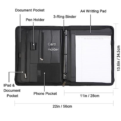 Yodo Zipper Padfolio Portfolio Binder Organizer PU Leather Portfolio for Resume, Legal Documents, Tablet, Business Supplies and Cards,3-Ring Binder with Handle, Notepad Folder for Men & Women