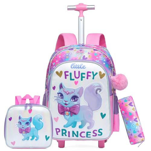 Rolling Backpacks for Girls with Lunch Box Kids Backpack with Wheels for Travel Rolling Backpack for Kids Rolling Backpacks for School Backpacks for Girls - color: Purple White Cat