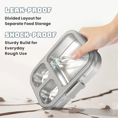 LOHASOK Kids Stainless Steel Lunch Bento Box BPA-Free Leak-Proof Tritan Lid 304 Metal Food Container with 3 Compartments for Girls Boys School Grey - color: Gray, size: 27oz/800ml