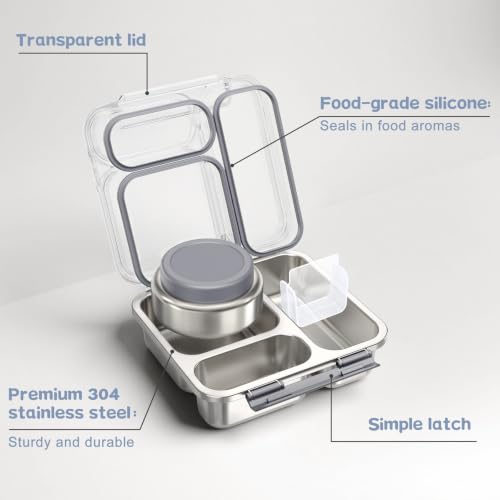 Pawtong Stainless Steel Bento Box Kids Adult with 7oz Insulated Food Jar, Transparent Lid Metal Lunch Box With Soup Thermal Jar, Lunch Box Container with Removable Divider & Sauce Cup School (Grey) - color: Gray
