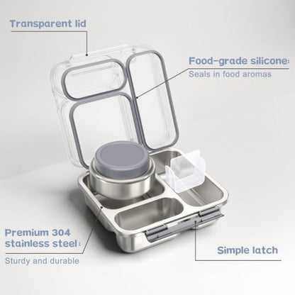 Pawtong Stainless Steel Bento Box Kids Adult with 7oz Insulated Food Jar, Transparent Lid Metal Lunch Box With Soup Thermal Jar, Lunch Box Container with Removable Divider & Sauce Cup School (Grey) - color: Gray
