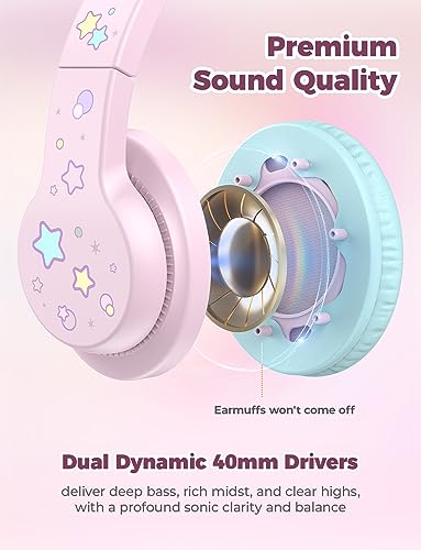 iClever Kids Headphones for School/Travel with Safe Volume 85dBA, HS19S Stereo Sound Over-Ear Girls Boys Headphones for Kids, Foldable 3.5mm Wired Headphone for iPad/Computer - color: A Pink Star