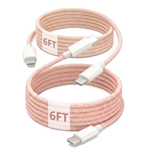 USB C to C Charger Cable, 60W, 6FT, 2-Pack, Pink | Fast Charging, Braided Nylon, for iPhone 17/16/15, MacBook iPad, Galaxy S25/S24 - color: Pink, size: 6FT+6FT