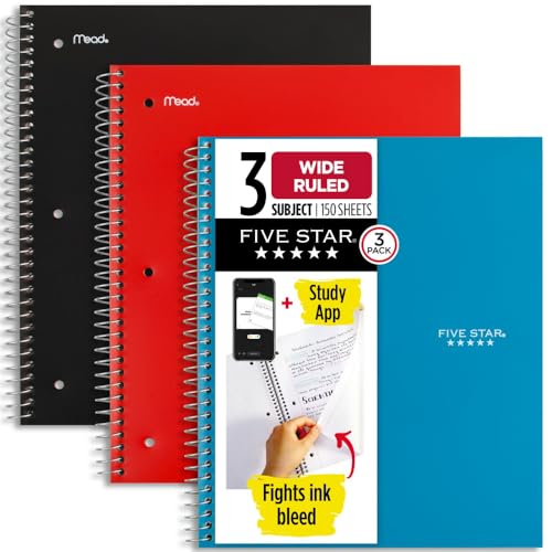 Five Star Spiral Notebook + Study App, 3 Pack, 3 Subject, Wide Ruled Paper, 8" x 10-1/2", Tidewater Blue, Fire Red, Black (930081)